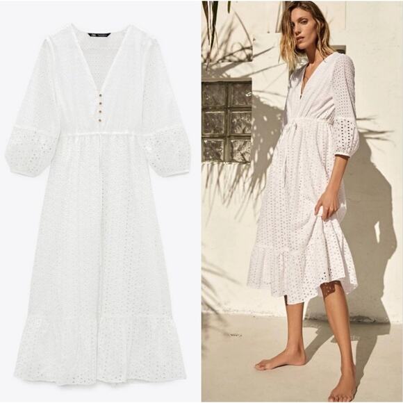 Zara Dresses & Skirts - Zara Openwork Embroidered Midi Dress in White sz. M